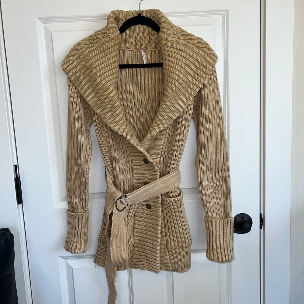 Free People Ryanne Long Haul Ribbed Knit Belted‎ Cotton Cardigan Sweater Size XS